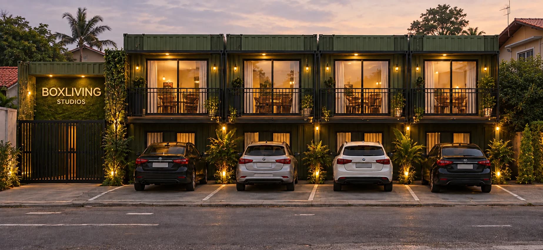 Fachada dos studios Box Living construídos a partir de containers, iluminada ao entardecer e integrada ao paisagismo.