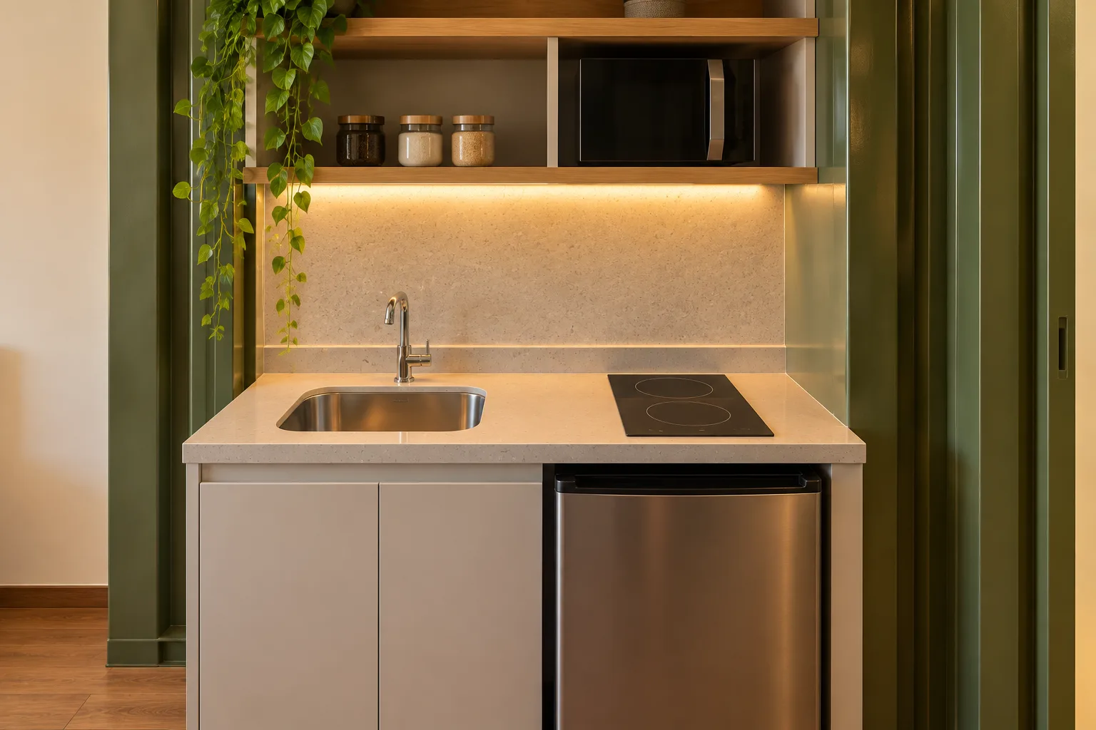 Cozinha de studio Box Living com armários planejados, cooktop, pia, micro-ondas e iluminação sob a prateleira.