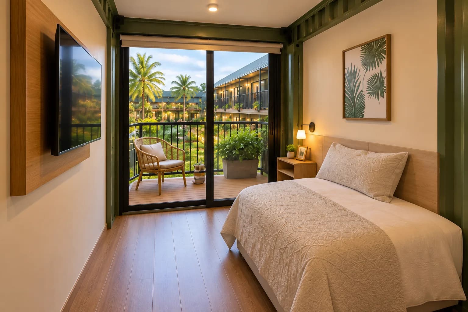 Quarto de studio Box Living com cama de casal, TV, varanda com vista para a área verde e luz natural.