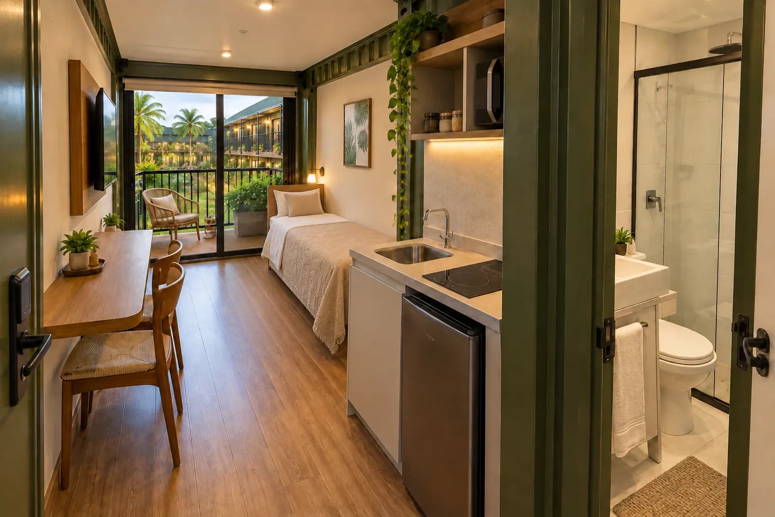Interior de studio compacto da Box Living com cama, cozinha integrada, banheiro e marcenaria em madeira.