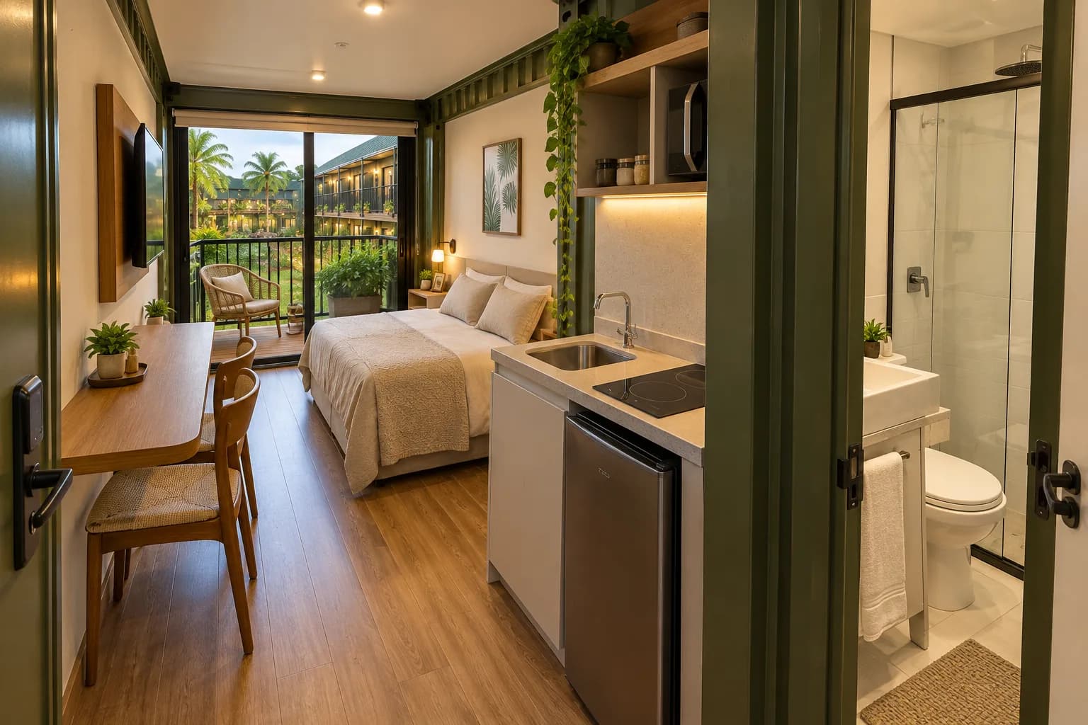 Studio Duo da Box Living com cama, cozinha integrada, banheiro e área de circulação ampla.